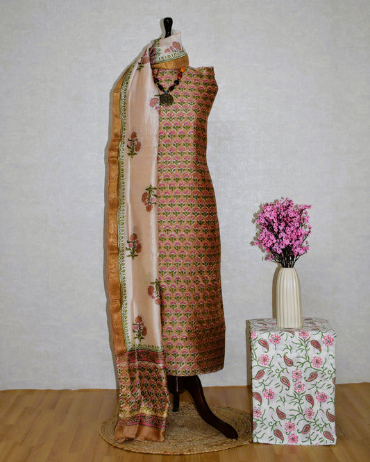 Oat Beige Sanganeri Small Floral All-over Buti print Maheshwari Silk Suit Set
