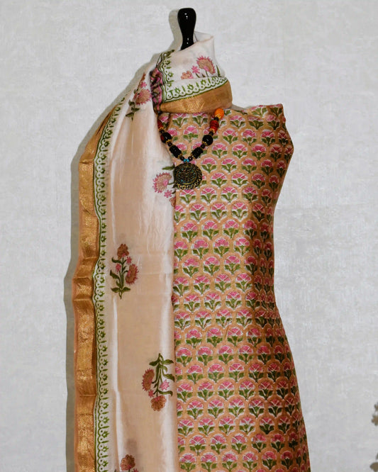 Oat Beige Sanganeri Small Floral All-over Buti print Maheshwari Silk Suit Set