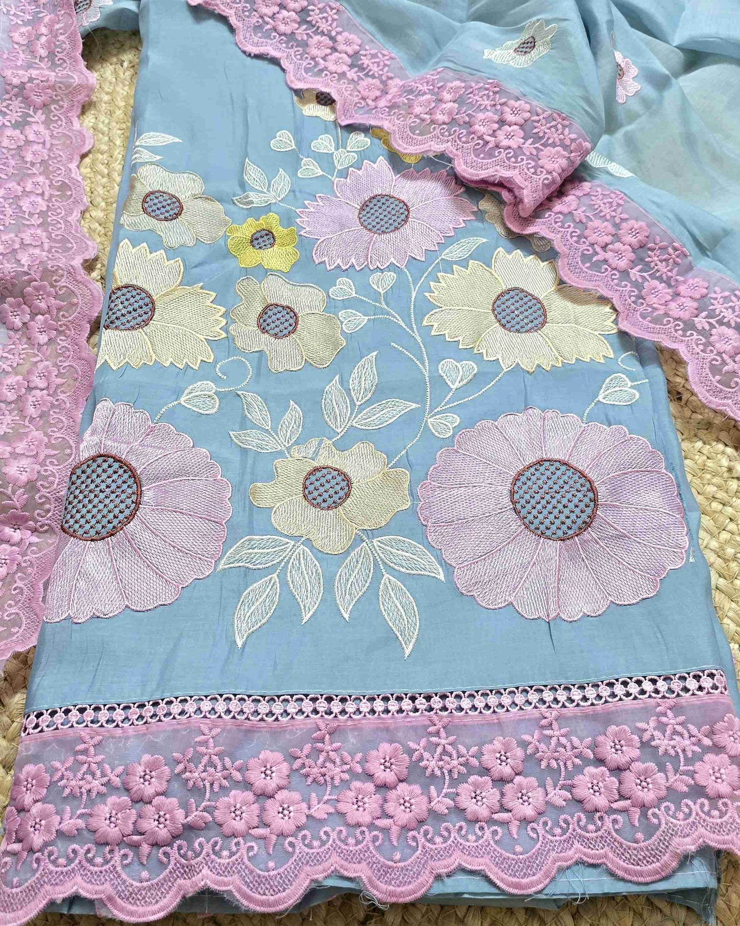 Premium Mal Chanderi Embroidered Suit Set with Intricate Neck Lace with Lace-Trimmed Dupatta (Blue)