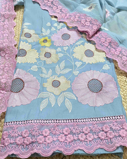 Premium Mal Chanderi Embroidered Suit Set with Intricate Neck Lace with Lace-Trimmed Dupatta (Blue)