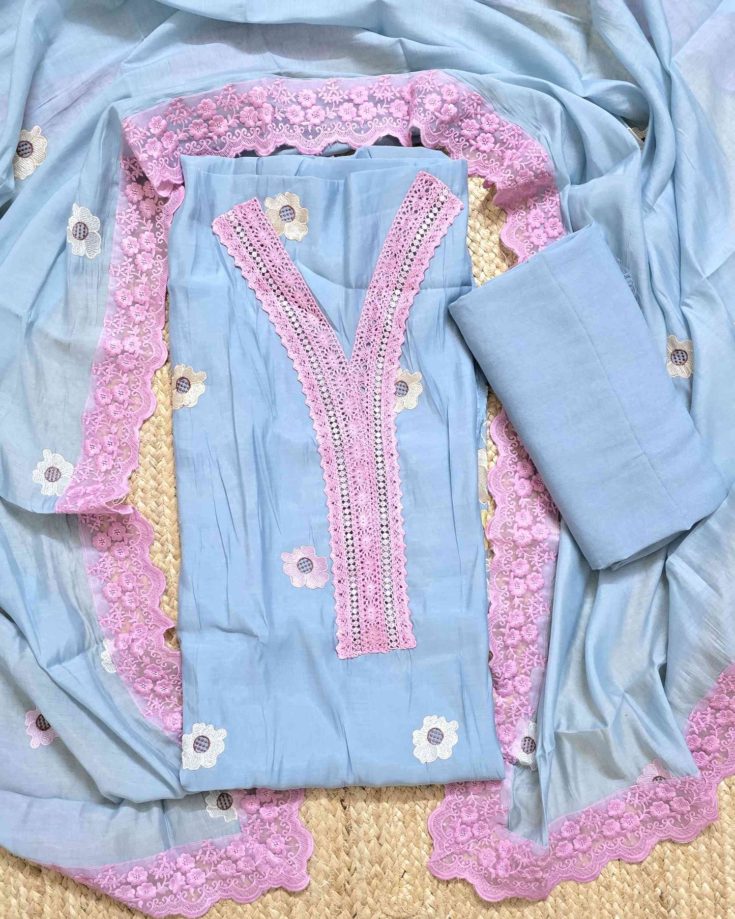 Premium Mal Chanderi Embroidered Suit Set with Intricate Neck Lace with Lace-Trimmed Dupatta (Blue)