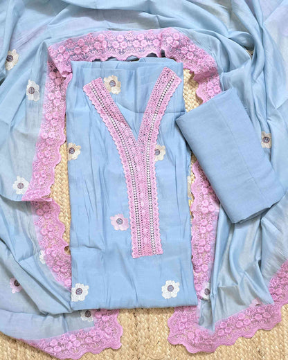 Premium Mal Chanderi Embroidered Suit Set with Intricate Neck Lace with Lace-Trimmed Dupatta (Blue)