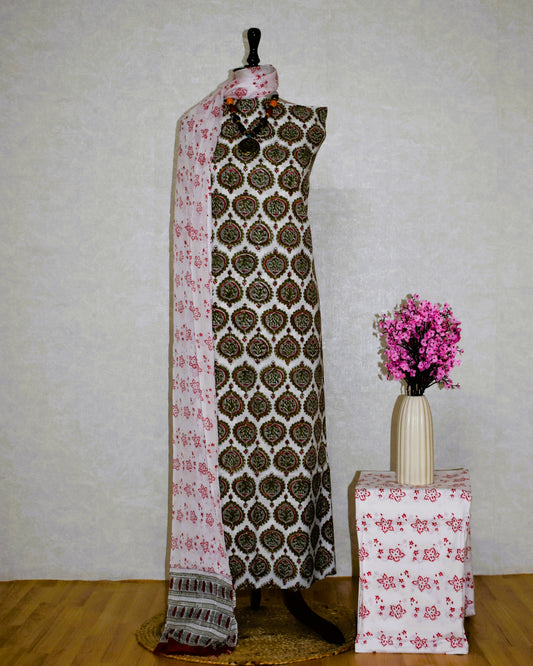 FLoral Spade Hand Block Printed Cotton Suit With Pure Chiffon Dupatta
