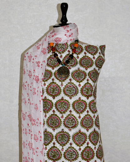 FLoral Spade Hand Block Printed Cotton Suit With Pure Chiffon Dupatta