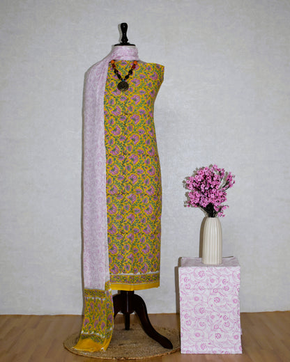 Pink FLoral Hand Block Printed Cotton Suit With Pure Chiffon Dupatta