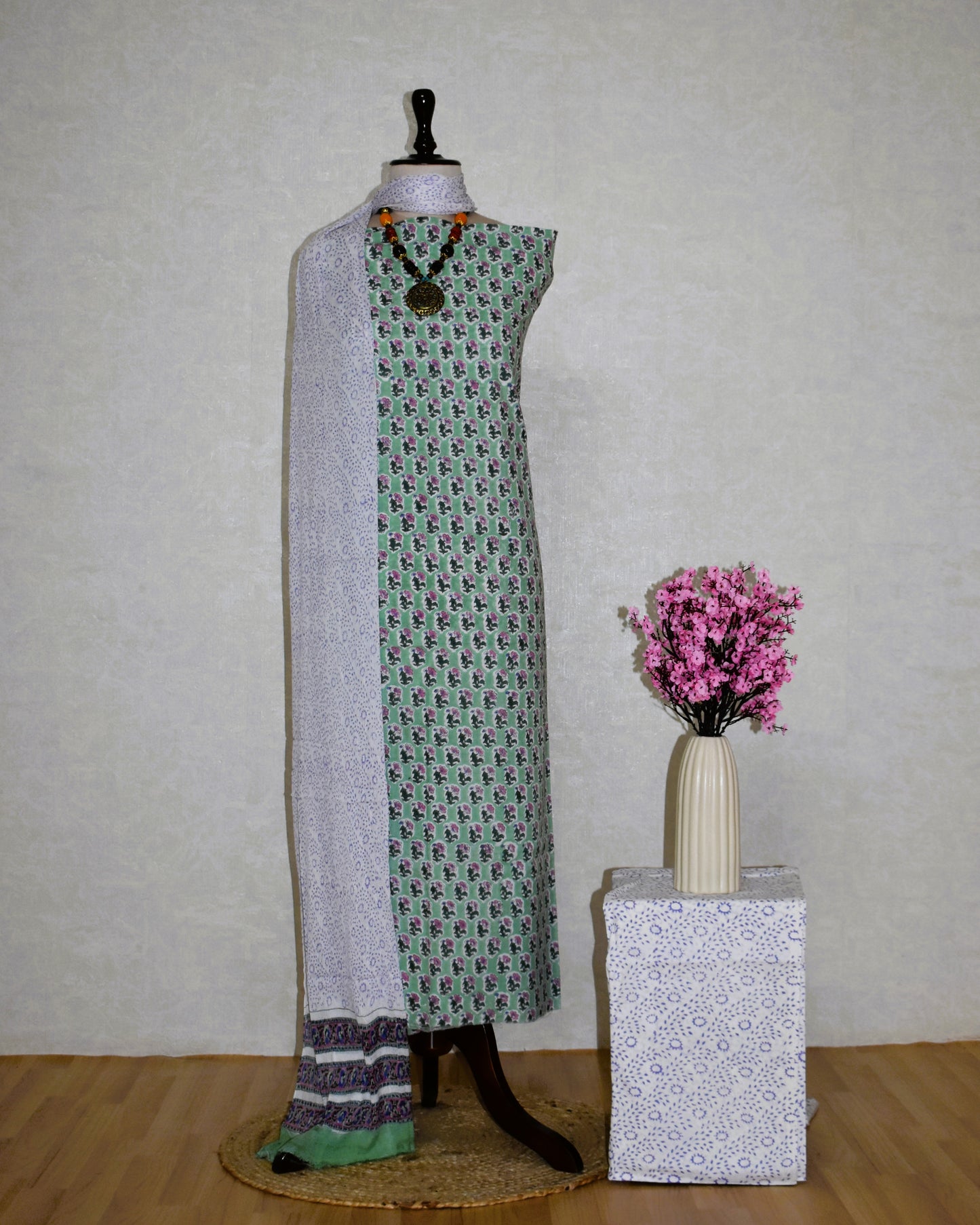 Hand Block Printed Cotton Suit With All-over Buti and Pure Chiffon Dupatta