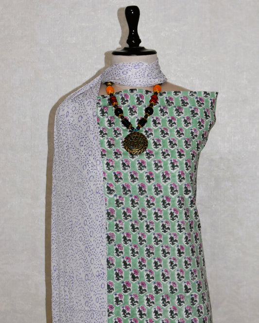 Hand Block Printed Cotton Suit With All-over Buti and Pure Chiffon Dupatta