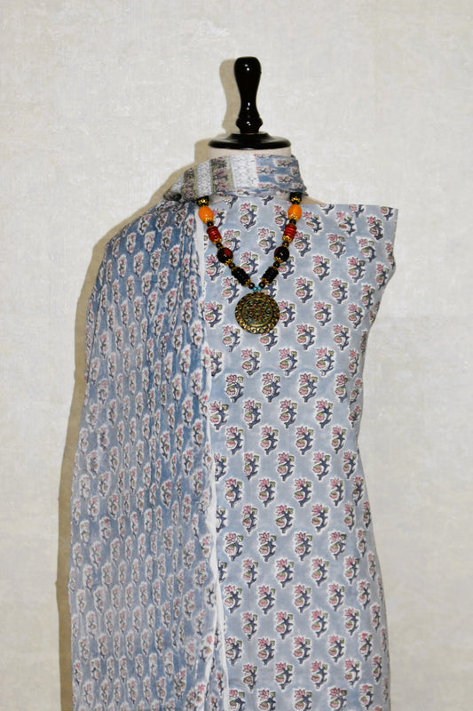 Hand Block Printed Cotton Suit With All-over Buti and Pure Chiffon Dupatta