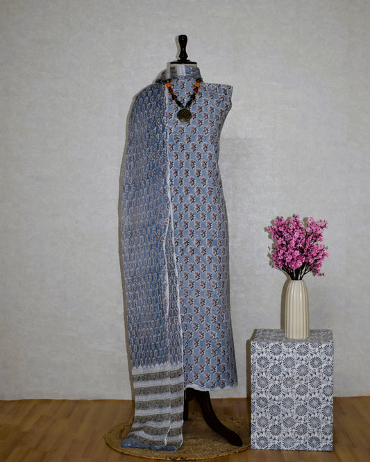 Hand Block Printed Cotton Suit With All-over Buti and Pure Chiffon Dupatta