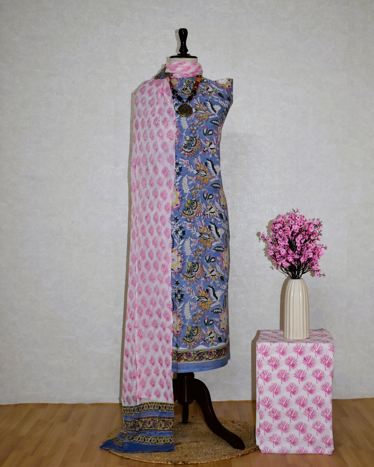 Floral Hand Block Printed Cotton Suit With Pure Chiffon Dupatta