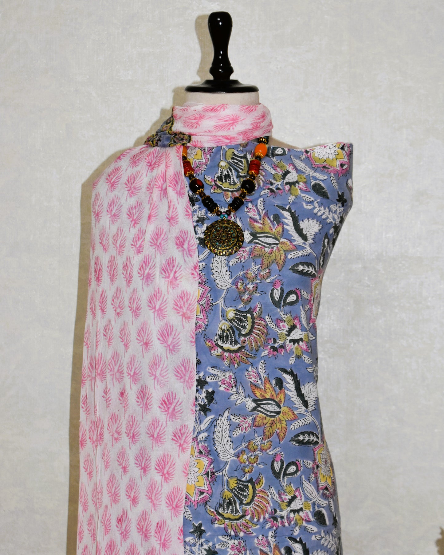 Floral Hand Block Printed Cotton Suit With Pure Chiffon Dupatta