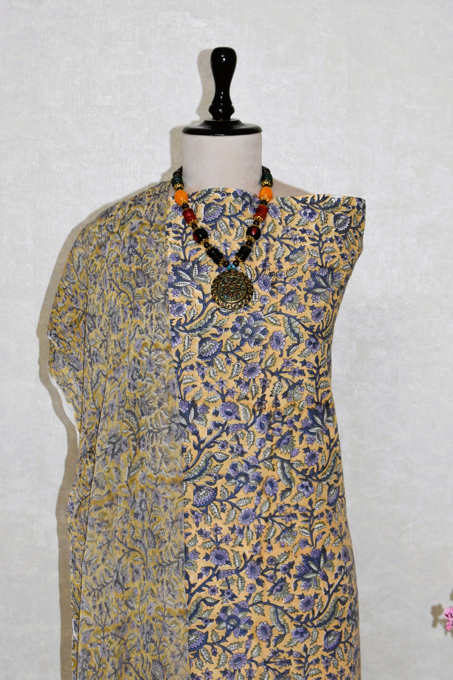 Floral Hand Block Printed Cotton Suit With Pure Chiffon Dupatta