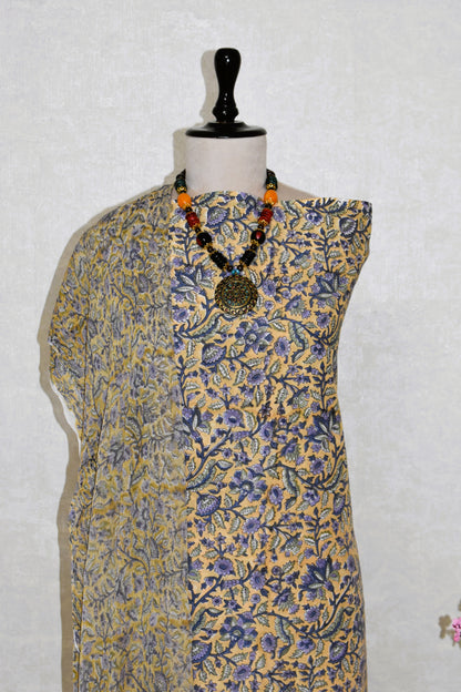 Floral Hand Block Printed Cotton Suit With Pure Chiffon Dupatta