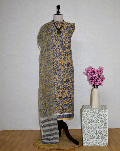 Floral Hand Block Printed Cotton Suit With Pure Chiffon Dupatta