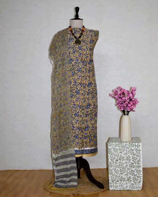 Floral Hand Block Printed Cotton Suit With Pure Chiffon Dupatta