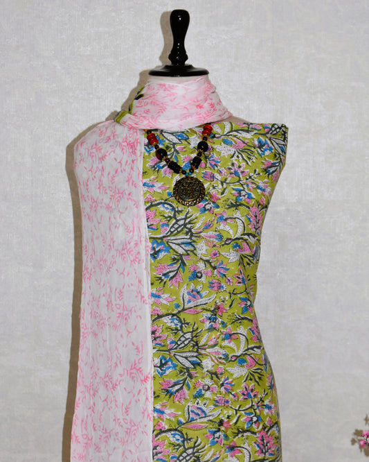 Green Floral Hand Block Printed Cotton Suit With Pure Chiffon Dupatta