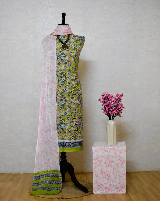Green Floral Hand Block Printed Cotton Suit With Pure Chiffon Dupatta