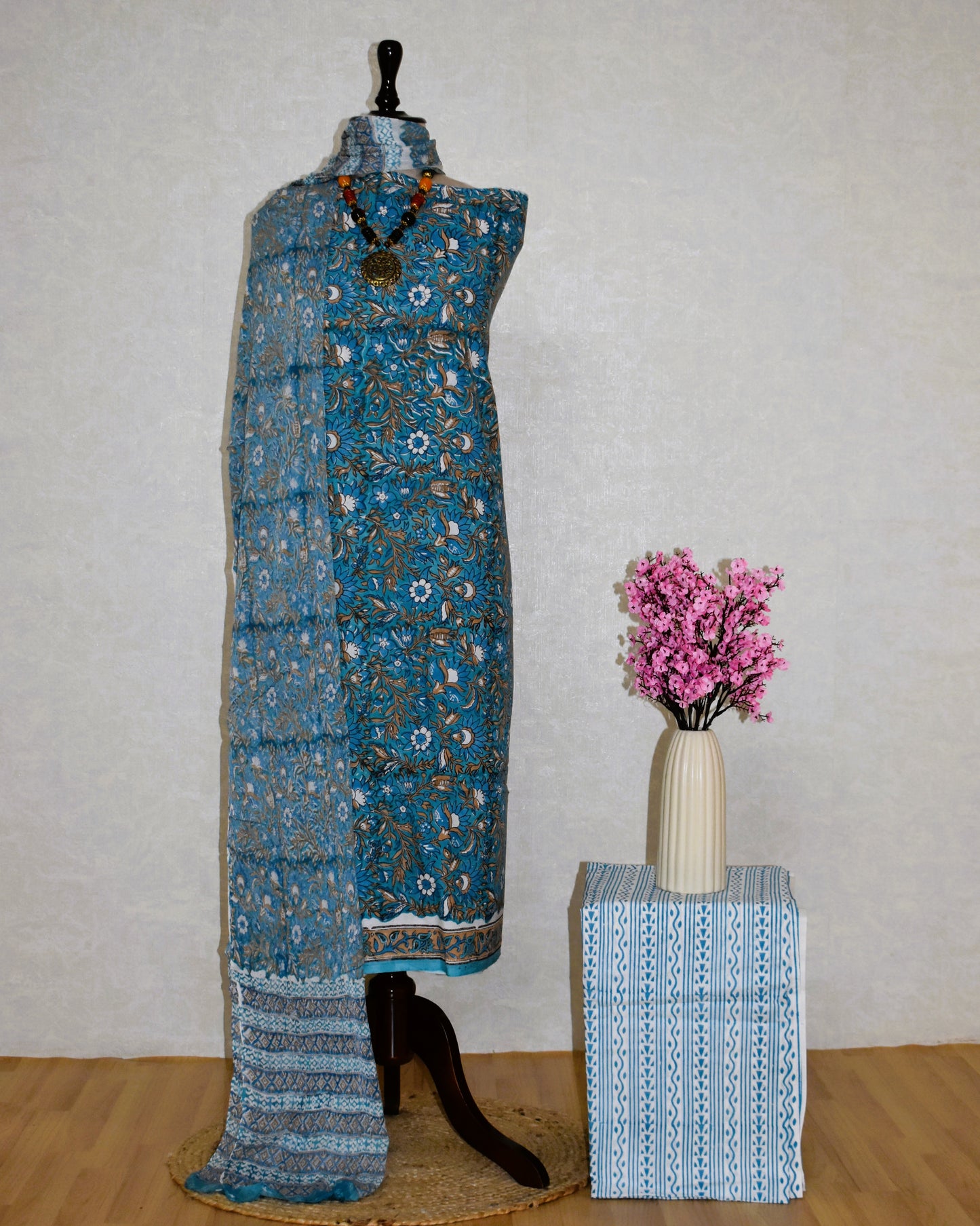 Blue Floral Hand Block Printed Cotton Suit With Pure Chiffon Dupatta