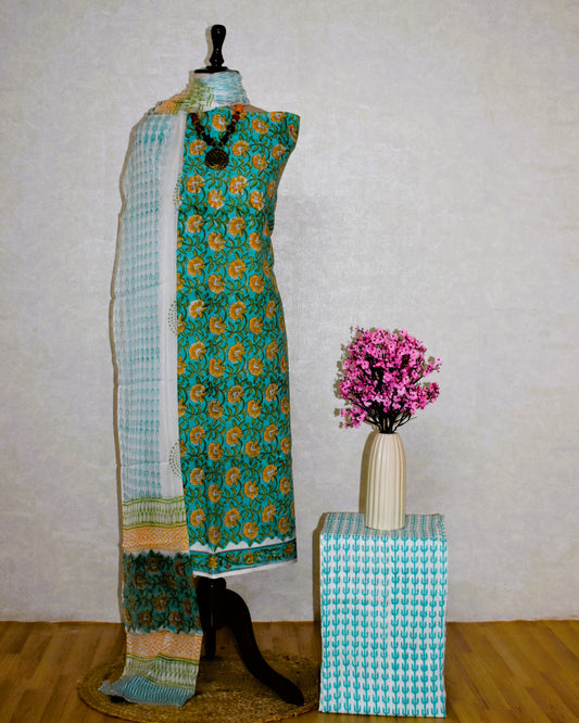Teal Blue Floral Hand Block Printed Cotton Suit With Pure Chiffon Dupatta