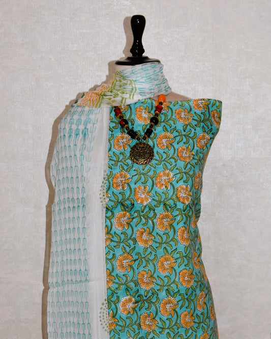 Teal Blue Floral Hand Block Printed Cotton Suit With Pure Chiffon Dupatta