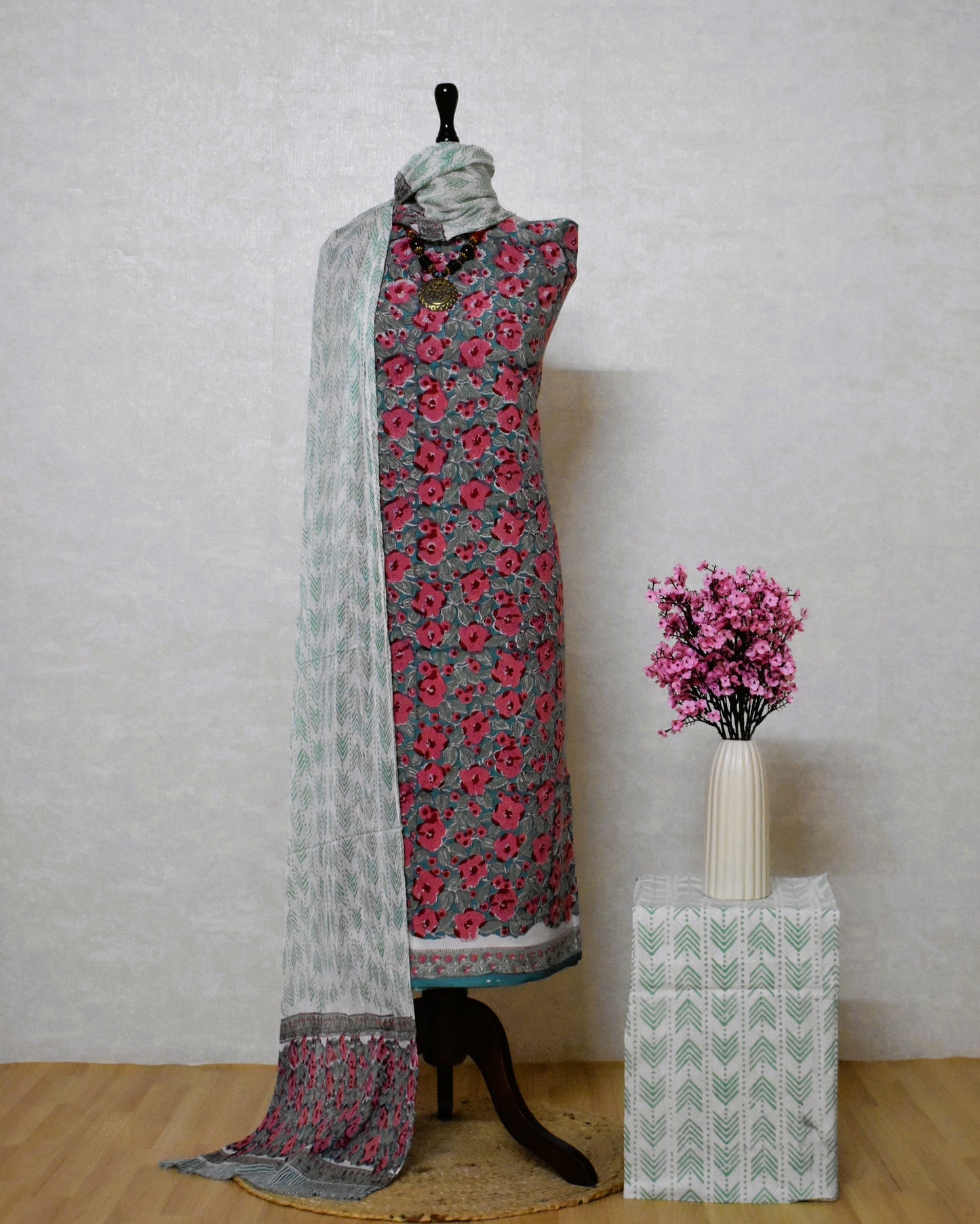 Floral Hand Block Printed Cotton Suit With Pure Chiffon Dupatta