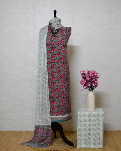 Floral Hand Block Printed Cotton Suit With Pure Chiffon Dupatta