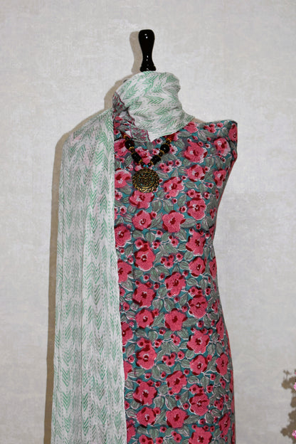 Floral Hand Block Printed Cotton Suit With Pure Chiffon Dupatta