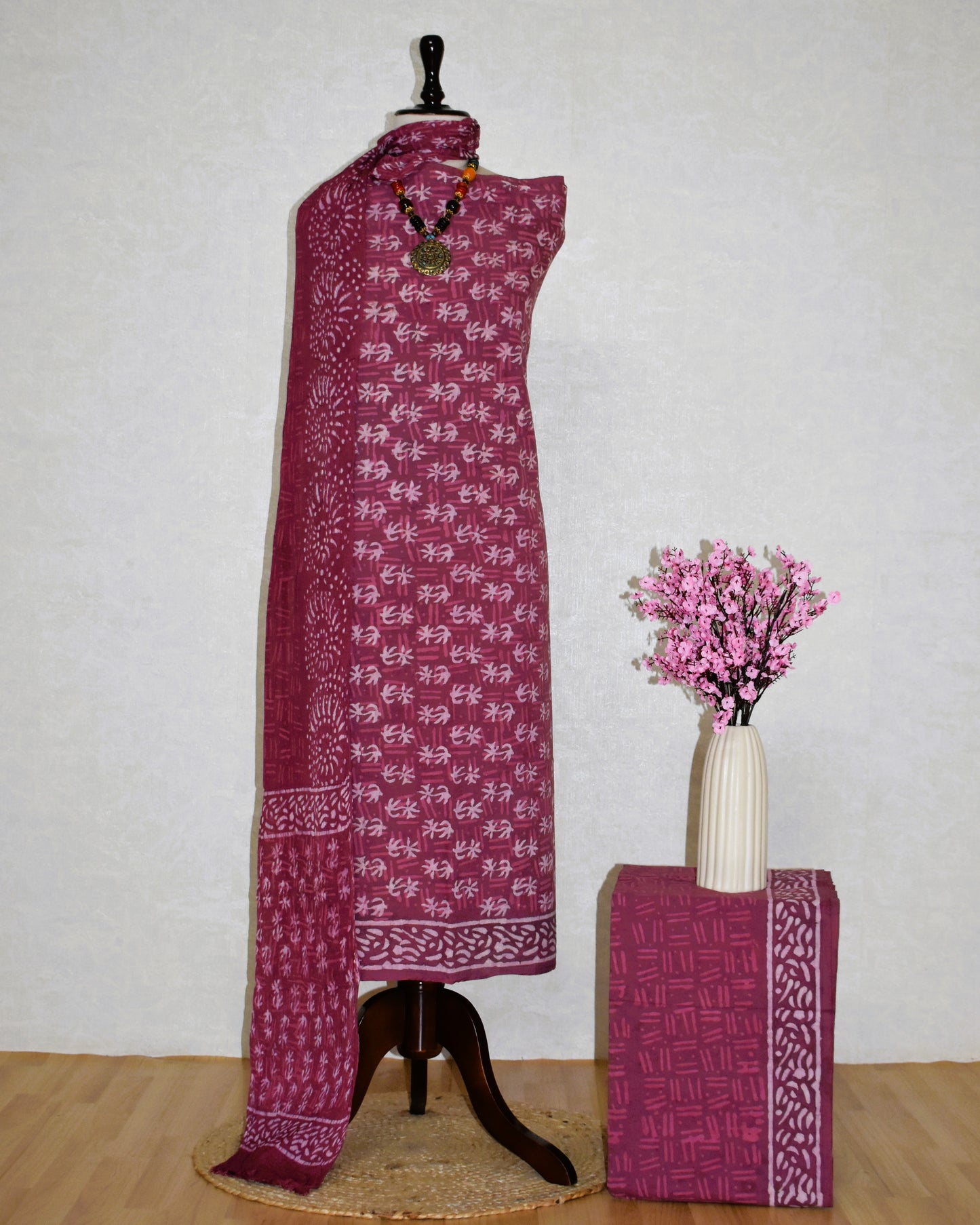 Hand Block Printed Cotton Suit With Pure Chiffon Dupatta