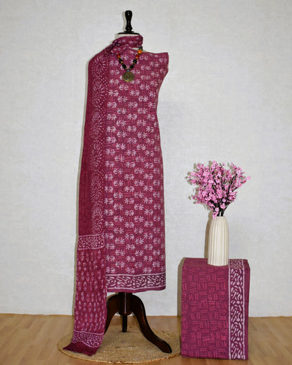 Hand Block Printed Cotton Suit With Pure Chiffon Dupatta
