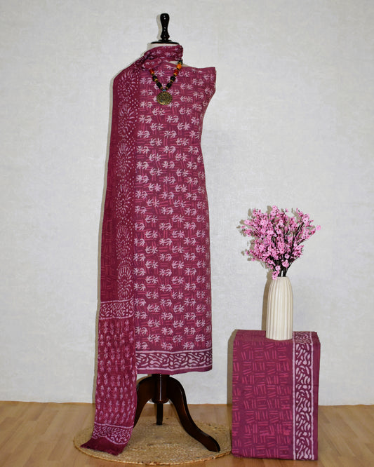 Hand Block Printed Cotton Suit With Pure Chiffon Dupatta