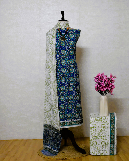 Ink Blue Floral Block Printed Cotton Suit With All-over Buti and Pure Chiffon Dupatta