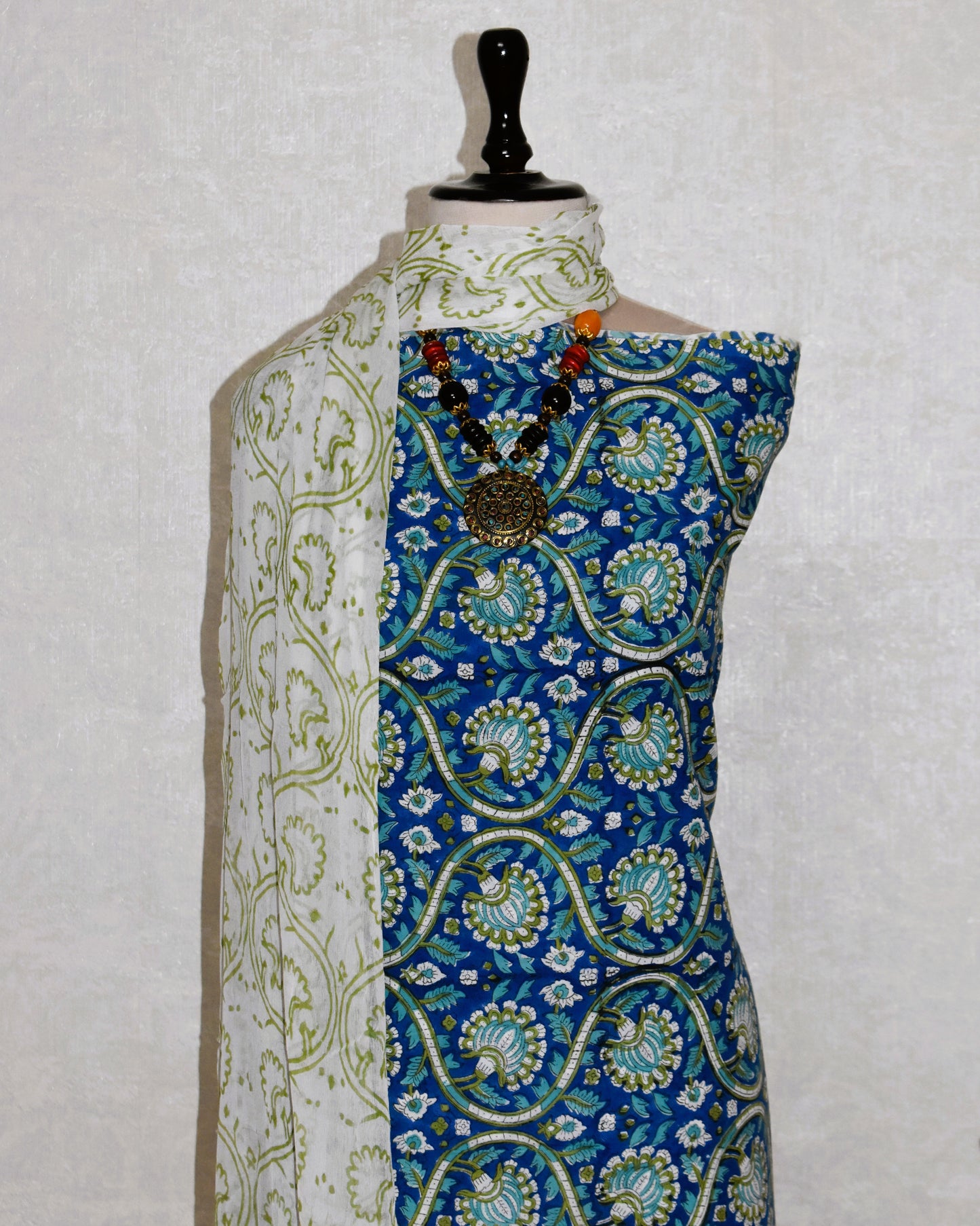 Ink Blue Floral Block Printed Cotton Suit With All-over Buti and Pure Chiffon Dupatta