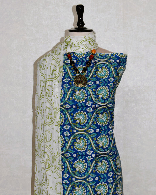 Ink Blue Floral Block Printed Cotton Suit With All-over Buti and Pure Chiffon Dupatta