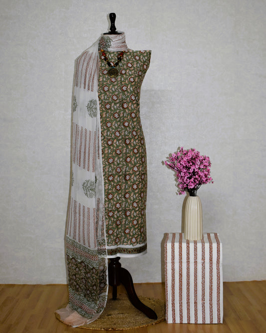 Hand Block Printed Cotton Suit With Pure Chiffon Dupatta