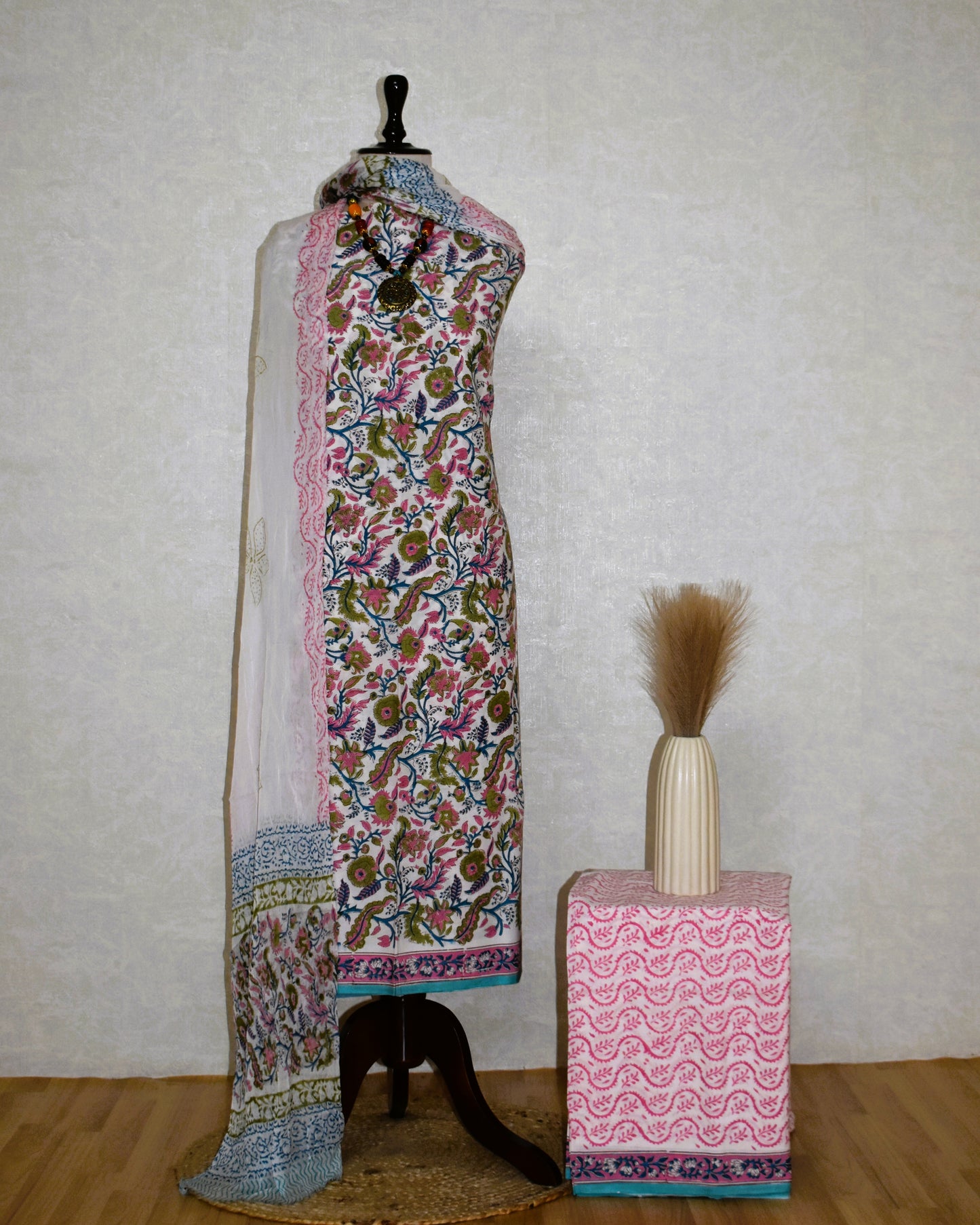 Hand Block Printed Cotton Suit With Pure Chiffon Dupatta