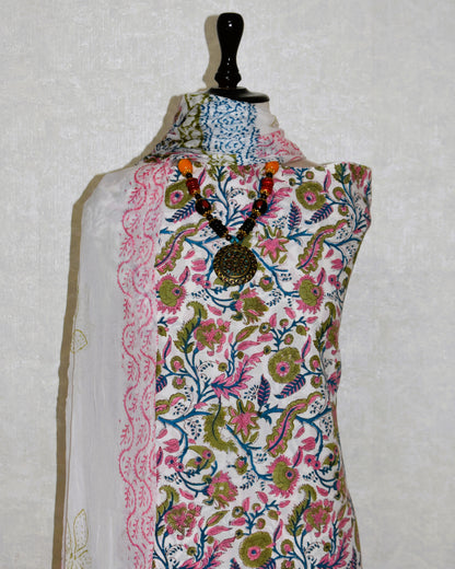 Hand Block Printed Cotton Suit With Pure Chiffon Dupatta