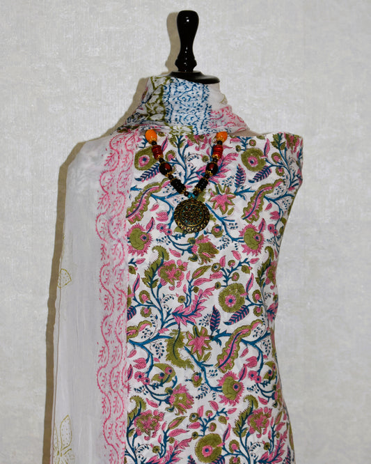 Hand Block Printed Cotton Suit With Pure Chiffon Dupatta