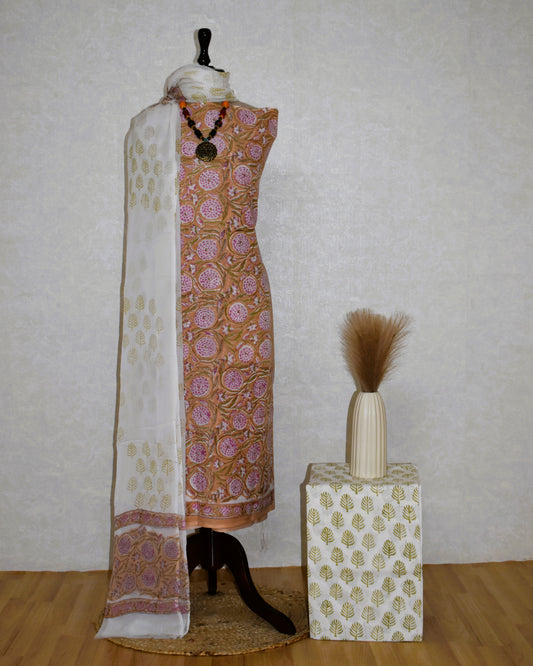 Hand Block Printed Cotton Suit With Pure Chiffon Dupatta