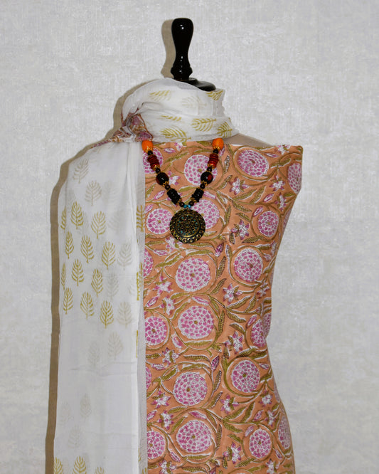 Hand Block Printed Cotton Suit With Pure Chiffon Dupatta