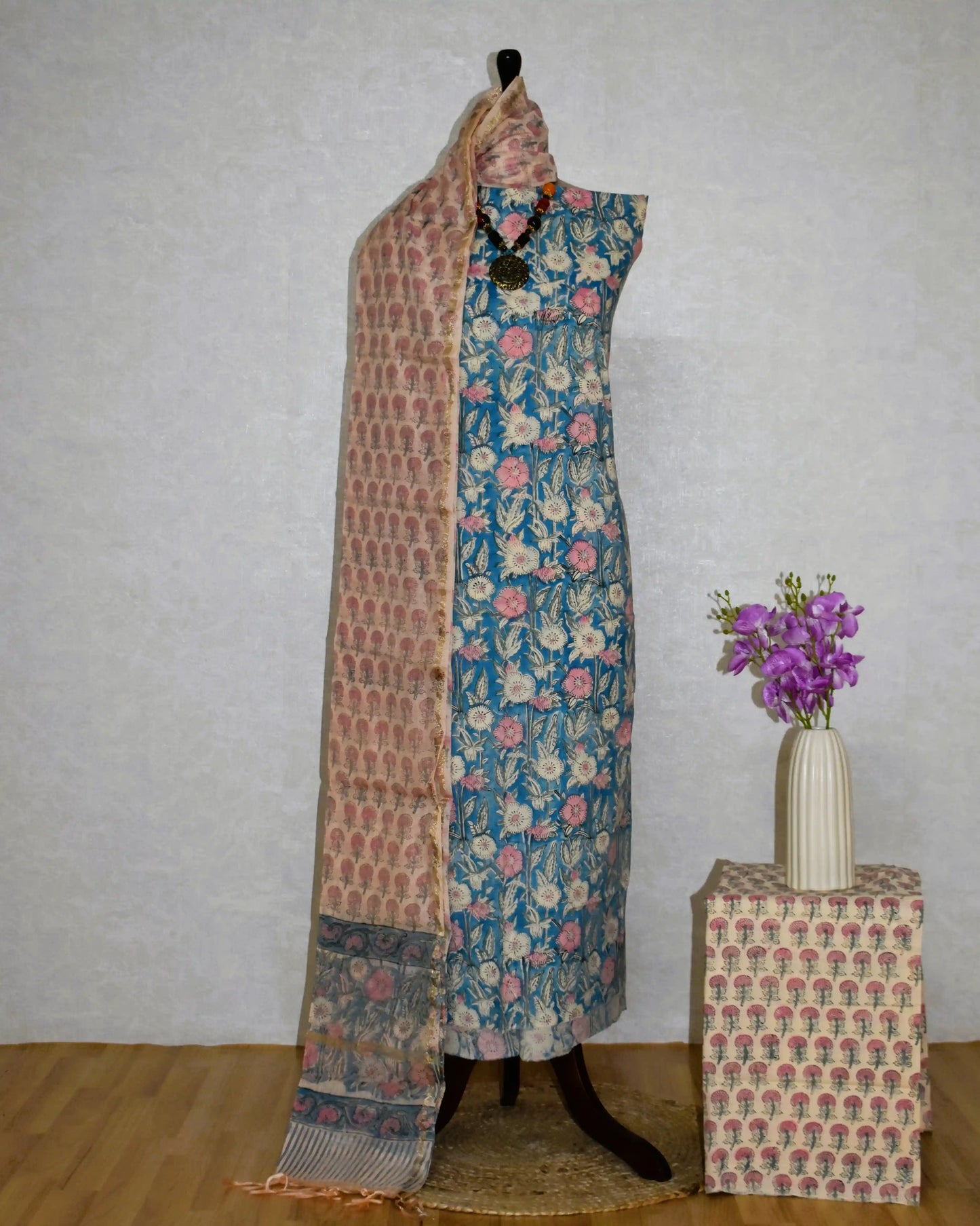 All-over Blue Floral Hand Block Printed Cotton Suit with Chanderi Silk Dupatta