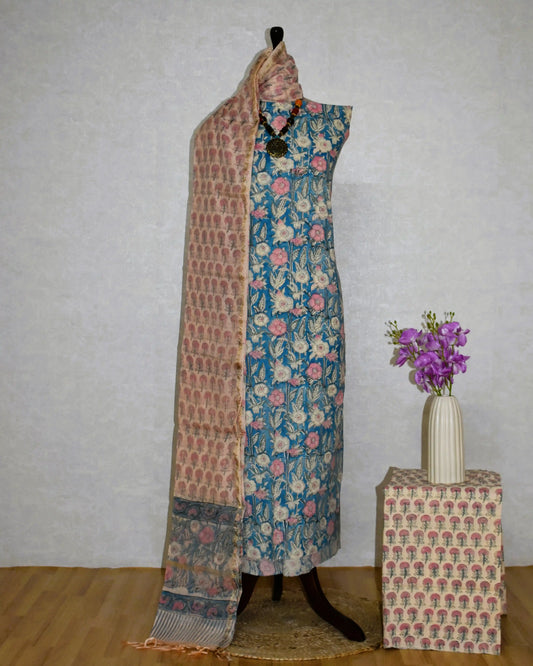 All-over Blue Floral Hand Block Printed Cotton Suit with Chanderi Silk Dupatta