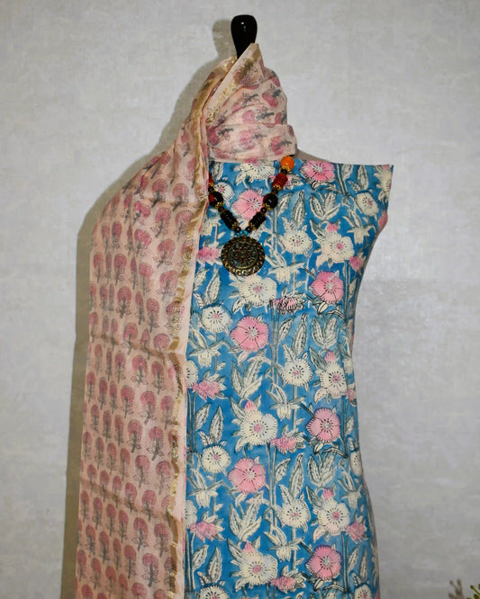 All-over Blue Floral Hand Block Printed Cotton Suit with Chanderi Silk Dupatta