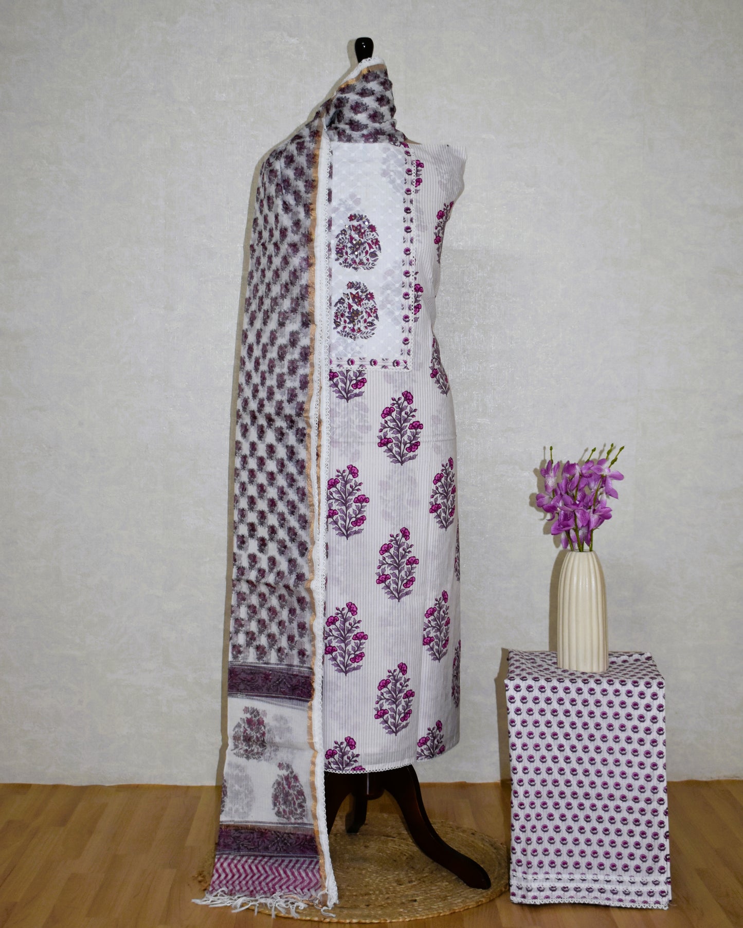 Hand Block Printed Cotton Suit with Elegant Neckwork and Printed Kota Doria Dupatta