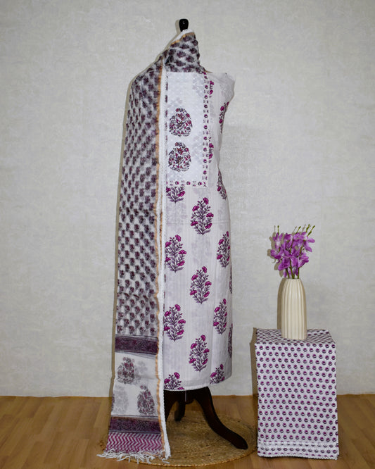 Hand Block Printed Cotton Suit with Elegant Neckwork and Printed Kota Doria Dupatta