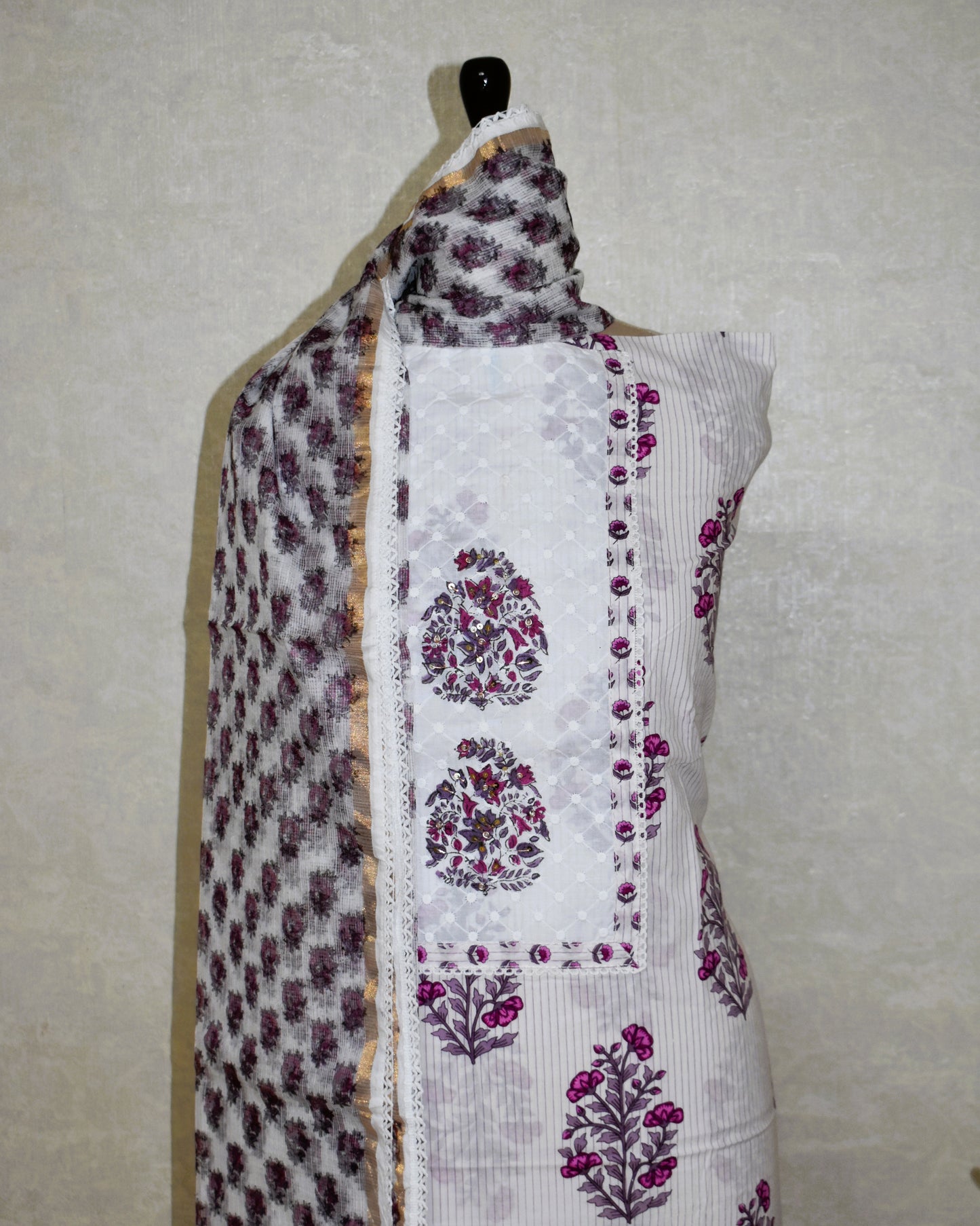 Hand Block Printed Cotton Suit with Elegant Neckwork and Printed Kota Doria Dupatta