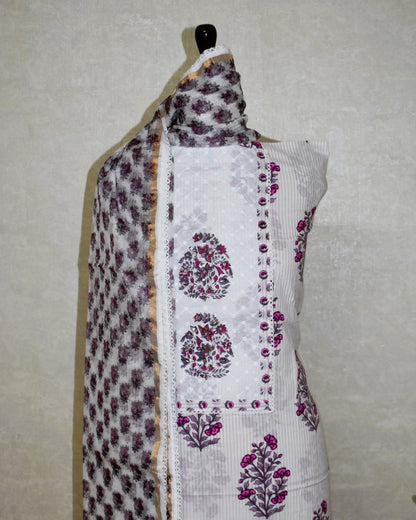 Hand Block Printed Cotton Suit with Elegant Neckwork and Printed Kota Doria Dupatta