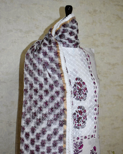 Hand Block Printed Cotton Suit with Elegant Neckwork and Printed Kota Doria Dupatta