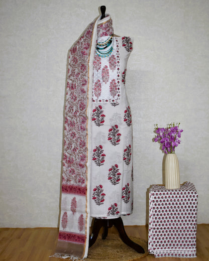 Hand Block Printed Cotton Suit with Elegant Neckwork and Printed Kota Doria Dupatta