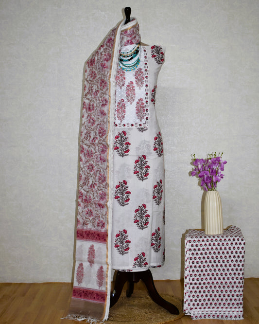 Hand Block Printed Cotton Suit with Elegant Neckwork and Printed Kota Doria Dupatta