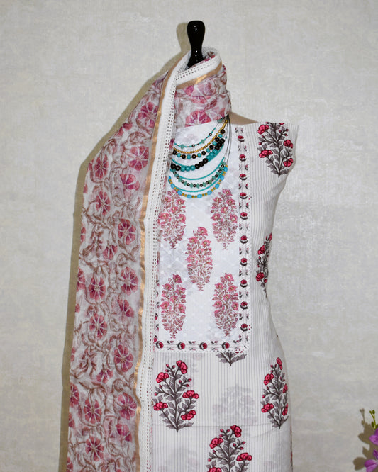 Hand Block Printed Cotton Suit with Elegant Neckwork and Printed Kota Doria Dupatta